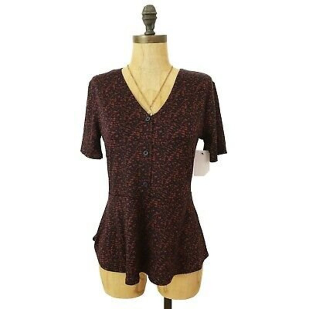 Halogen Peplum Top Size XS Button Detail Short Sleeve Navy Pink Abstract NWT B59